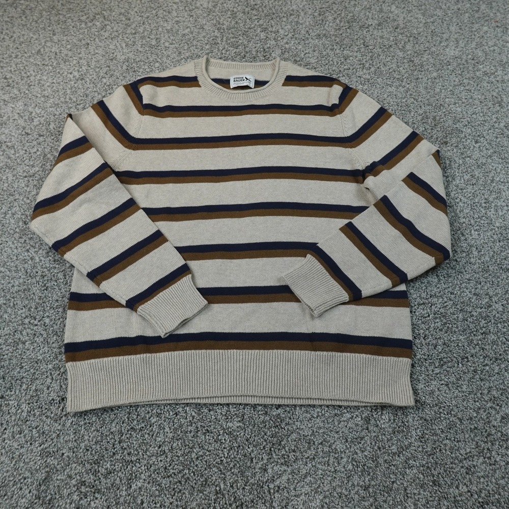 Eddie Bauer Sweater Mens L Beige BrownStripe Knit Roll Neck Crewneck Pullover